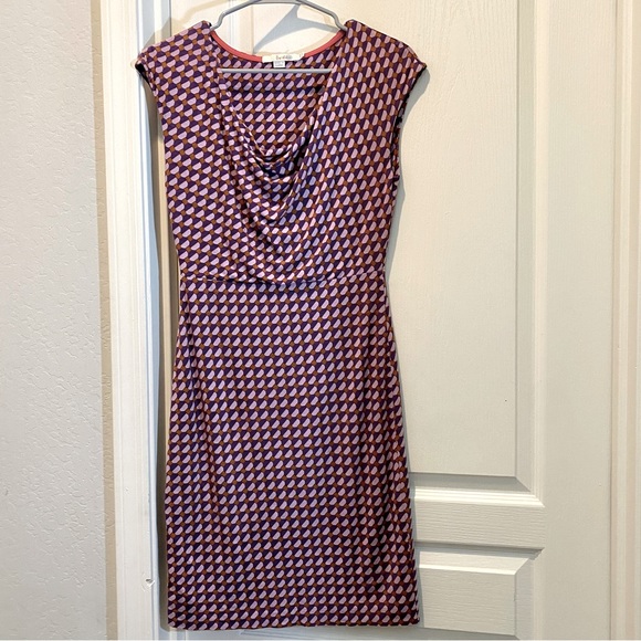 Boden Geometric Cowl Neck Knee Length Sheath Dress in Purples and Brown - Picture 3 of 8